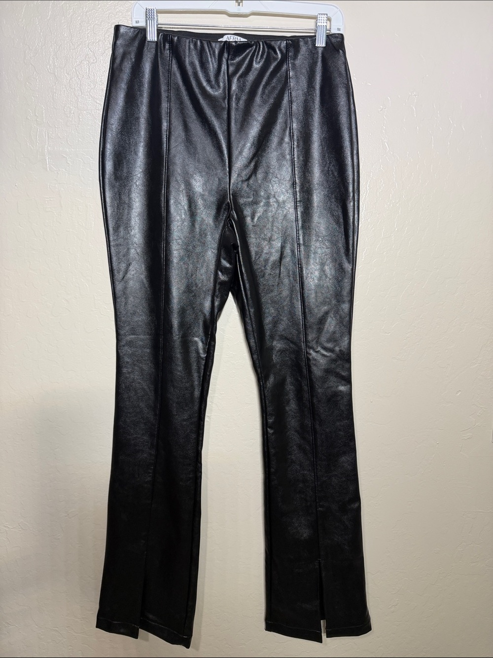 AFRM Black Faux Leather High Waisted Front Slit Flare Pants Size L